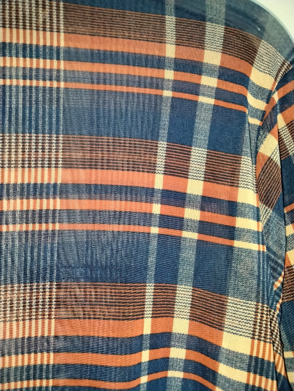 Bailey & Chloe (Sz L) Blue & Brown Plaid Semi-sheer Button Roll Tab Sleev3 Shirt - Picture 7 of 13